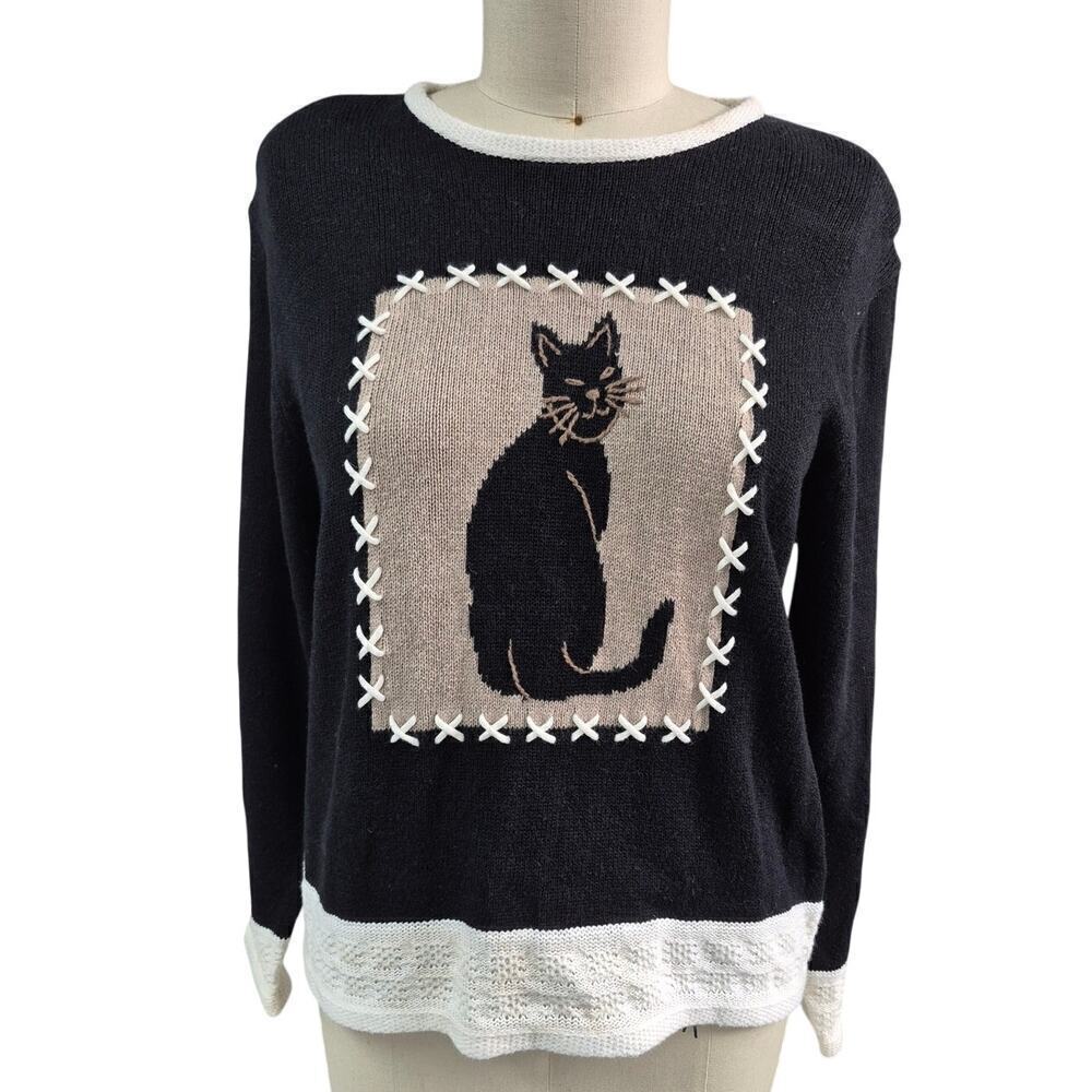 Vtg 90s Christopher & Banks Hand Embroidered Snarky Cat Sweater Cotton Blend L